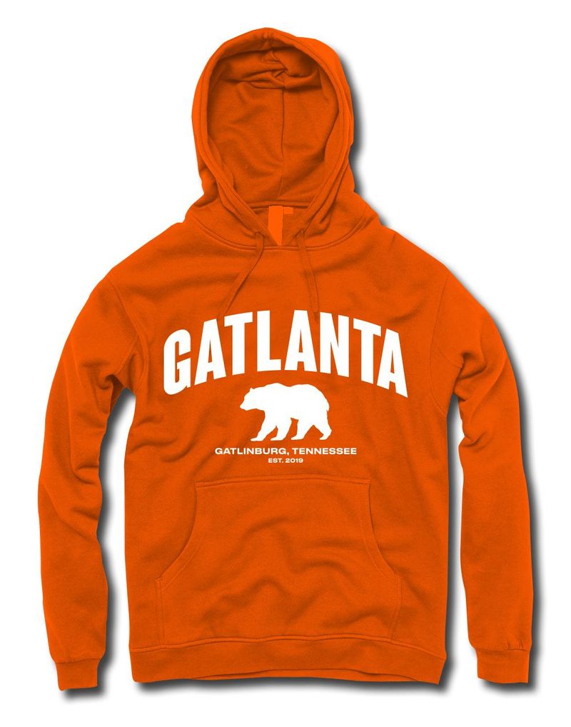 Orange GATLANTA hoodie with bear logo and Gatlinburg Tennessee Est. 2019 text